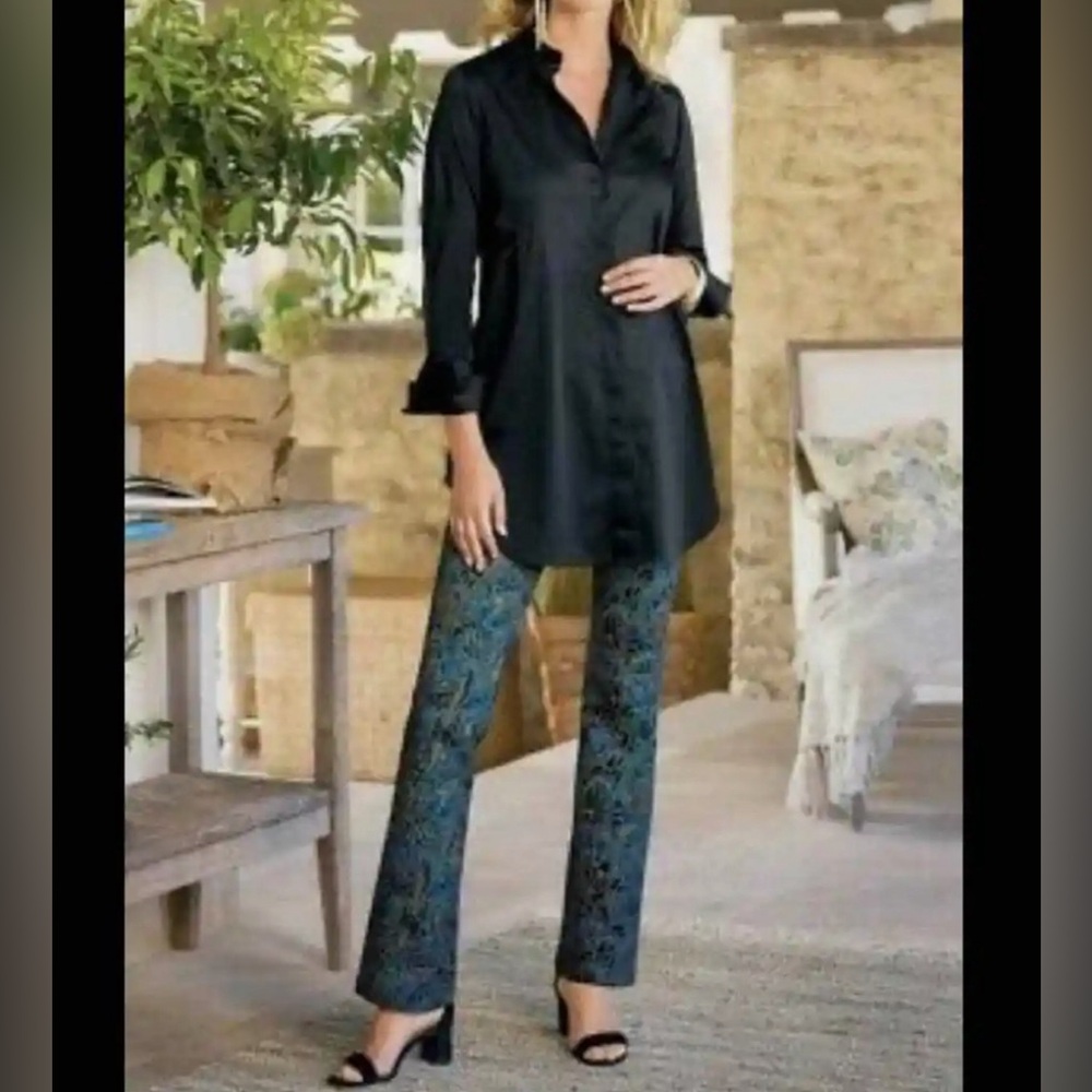 Soft Surroundings Marbled Print Peacock Black Ponte Knit Pull On Pants🖤